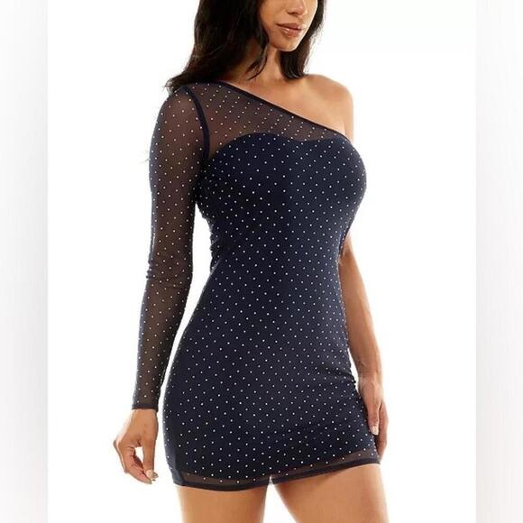JUMP Juniors' Sheer Rhinestone Detail One-Sleeve Mini Dress bodycon M New - Picture 2 of 7